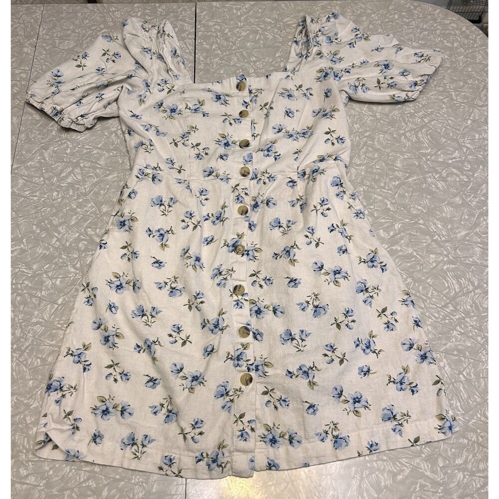 Old Navy Puff Sleeve Smocked Mini Dress Floral Linen Blend Milkmaid Medium